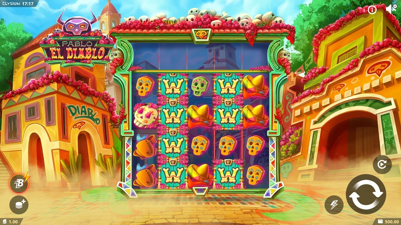 Pablo El Diablo slot game screenshot showing Day of the Dead themed reels with colorful skull symbols, sombreros, and wild symbols against a vibrant Mexican village backdrop - Elysium Studios