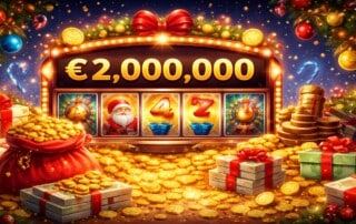 Festive online slot machine celebrating a €2 million progressive jackpot win with Christmas decorations and gold coins