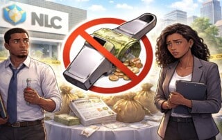 South African lottery whistleblowers standing before NLC building with whistle and cash crossed out symbolizing denied compensation in R2 billion corruption scandal