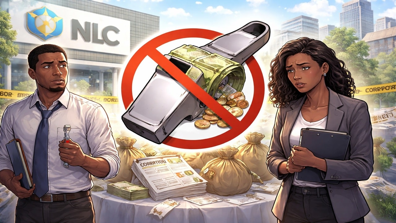 South African lottery whistleblowers standing before NLC building with whistle and cash crossed out symbolizing denied compensation in R2 billion corruption scandal