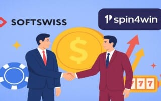 Illustration of SOFTSWISS and 1spin4win partnership shown through two businesspeople shaking hands with casino elements in the background