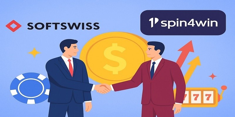 Illustration of SOFTSWISS and 1spin4win partnership shown through two businesspeople shaking hands with casino elements in the background.