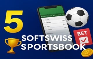 SOFTSWISS Sportsbook 5-year anniversary graphic featuring mobile betting interface, trophy and football icons.