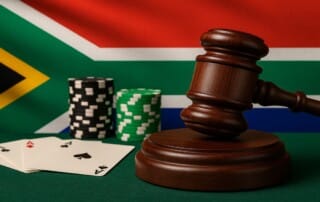 South African flag with judge's gavel, casino chips, and playing cards representing proposed 20% online gambling tax