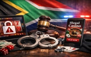 South African flag with handcuffs, gavel, and illegal casino imagery on mobile phone depicting gambling law enforcement warning