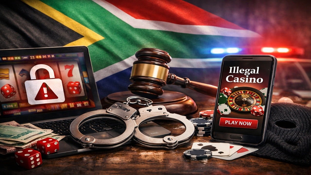 South African flag with handcuffs, gavel, and illegal casino imagery on mobile phone depicting gambling law enforcement warning