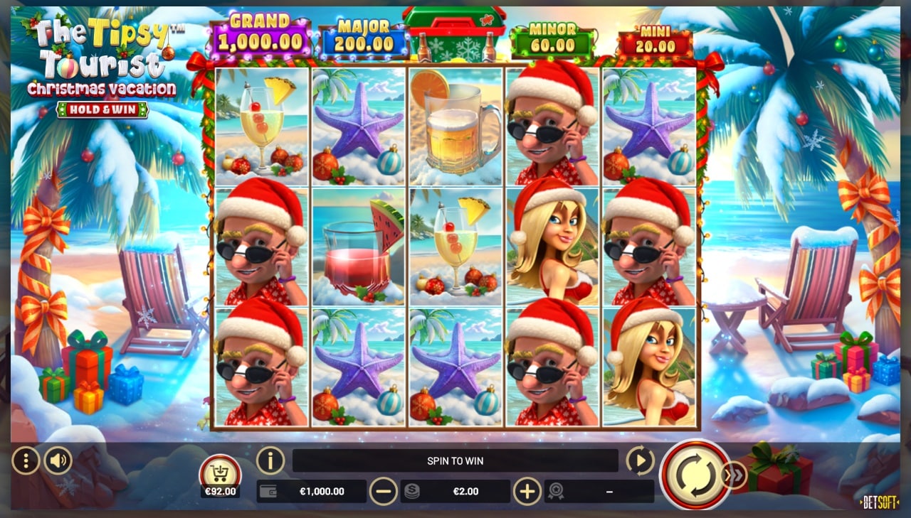 The Tipsy Tourist Christmas Vacation slot game screenshot showing tropical beach theme with Santa characters and Hold & Win feature - Betsoft