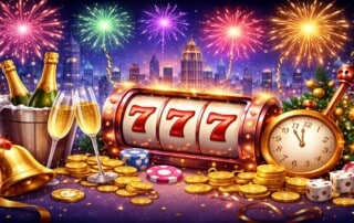 New Year casino celebration with slot machine, fireworks, champagne and gold coins