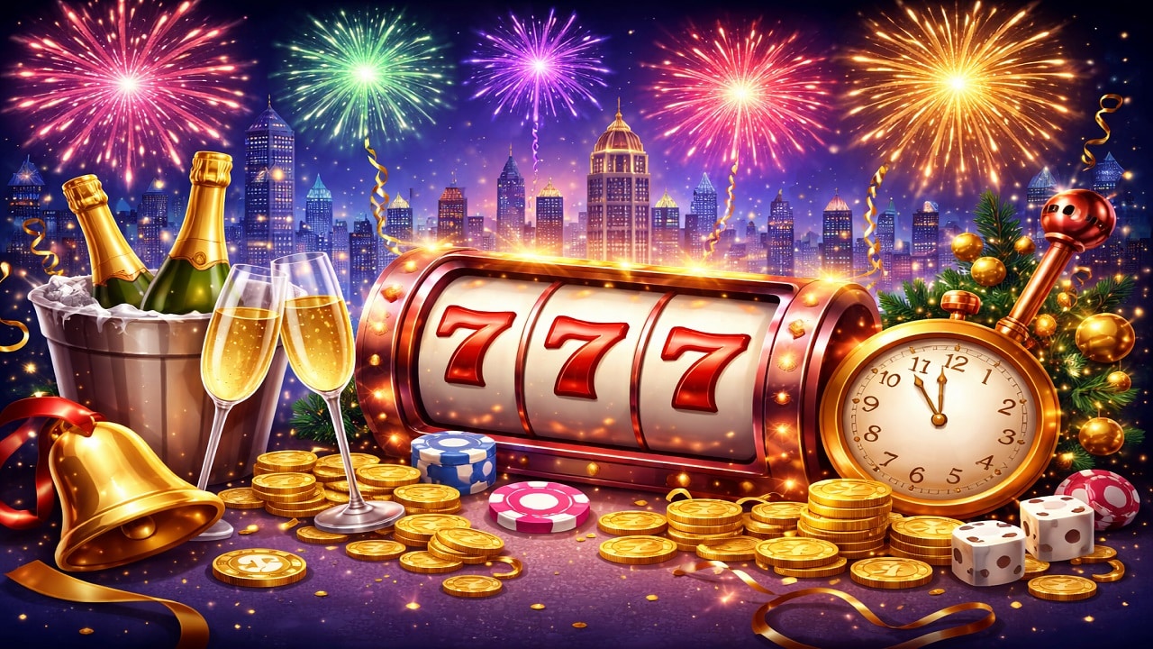 New Year casino celebration with slot machine, fireworks, champagne and gold coins