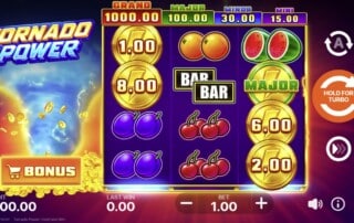 Tornado Power Hold and Win slot game interface showing 3x4 grid with jackpot symbols and bonus features by Playson