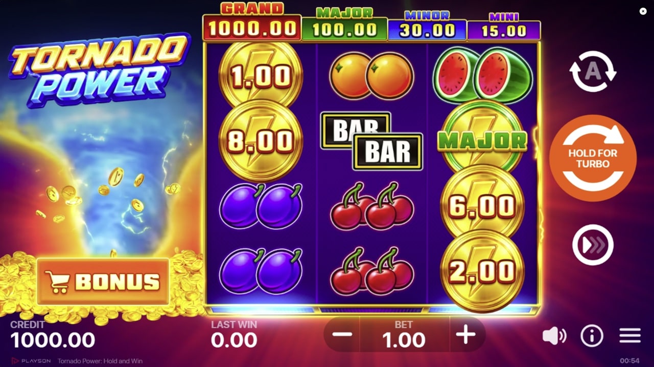 Tornado Power Hold and Win slot game interface showing 3x4 grid with jackpot symbols and bonus features by Playson