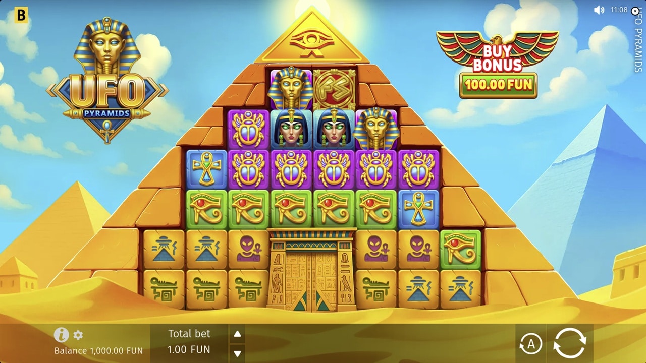 UFO Pyramids Slot Game | BGaming – Weekly Review UFO Pyramids slot game screenshot showing pyramid-shaped reel structure with Egyptian symbols, pharaohs, Eye of Horus and Buy Bonus feature - BGaming