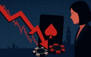 Illustration of UK gambling stocks declining after major tax hikes, showing falling market chart with casino elements and London silhouette.