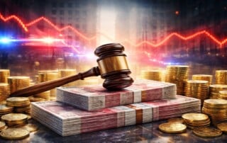 UK Gambling Commission regulatory gavel on stacks of British pound notes surrounded by gold coins with declining red graph lines representing record £21.8 million fines against gambling operators
