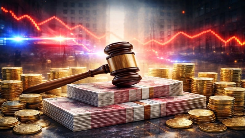 UK Gambling Commission regulatory gavel on stacks of British pound notes surrounded by gold coins with declining red graph lines representing record &pound;21.8 million fines against gambling operators