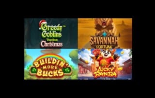 Four featured new casino slot games from Week 50 December 2025: Greedy Goblins That Stole Christmas, Savannah Fortune with lion wilds, Buildin More Bucks leprechaun slot, and Lucky Panda Asian-themed game
