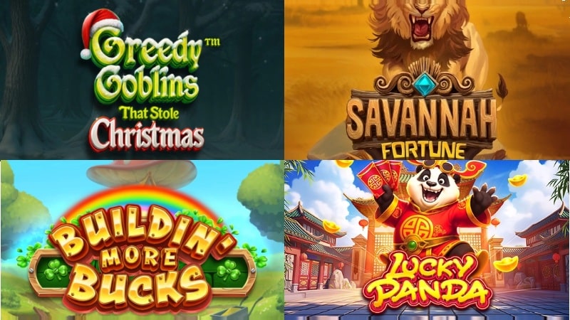 Four featured new casino slot games from Week 50 December 2025: Greedy Goblins That Stole Christmas, Savannah Fortune with lion wilds, Buildin More Bucks leprechaun slot, and Lucky Panda Asian-themed game