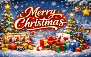 Merry Christmas casino games scene featuring slot machine showing 777, poker cards, dice, casino chips, wrapped gifts and decorated Christmas trees in snowy setting