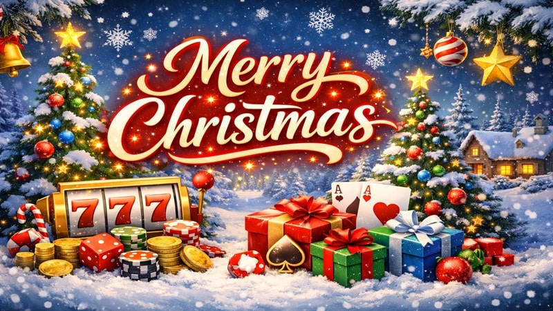 Week 51 New Online Casino Games December 2025 – Christmas Holiday Releases Merry Christmas casino games scene featuring slot machine showing 777, poker cards, dice, casino chips, wrapped gifts and decorated Christmas trees in snowy setting