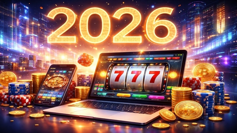 2026 Online Gambling News: Casino Games, Crypto Bonuses & Licensing Updates 2026 online gambling trends featuring slot machine on laptop, mobile casino, cryptocurrency coins, and poker chips against futuristic cityscape