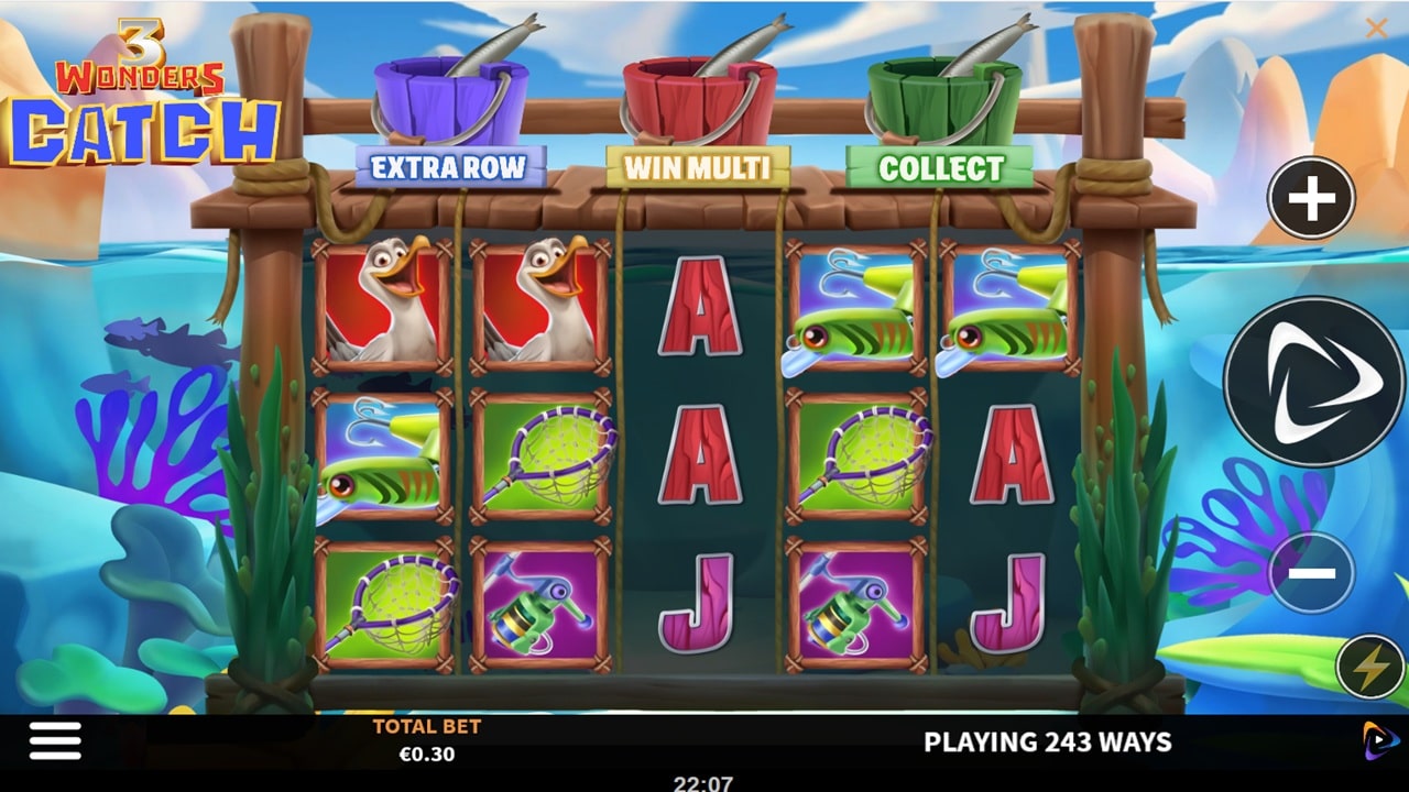 3 Wonders Catch slot game screenshot showing underwater fishing theme with 243 ways to win, bonus features including Extra Row, Win Multi and Collect mechanics - Boomerang