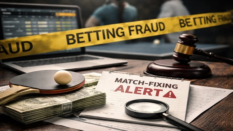 AGCO betting fraud investigation scene with match-fixing alert, legal gavel and table tennis equipment