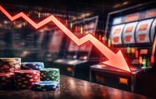 Casino gaming chips and slot machine with red declining stock market arrow showing AGEM Index 4% drop in December 2025