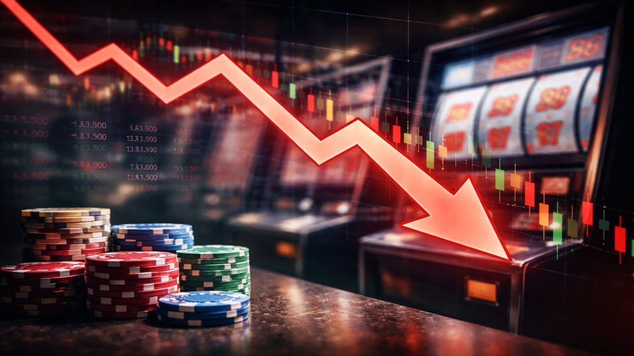 Casino gaming chips and slot machine with red declining stock market arrow showing AGEM Index 4% drop in December 2025