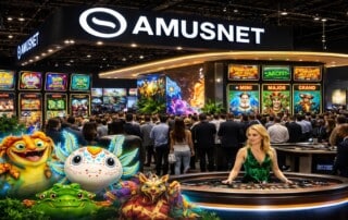 Amusnet exhibition stand at ICE Barcelona 2026 showcasing 10-year anniversary with slot game displays, Oscar the Gobbler mascots, and live dealer roulette table