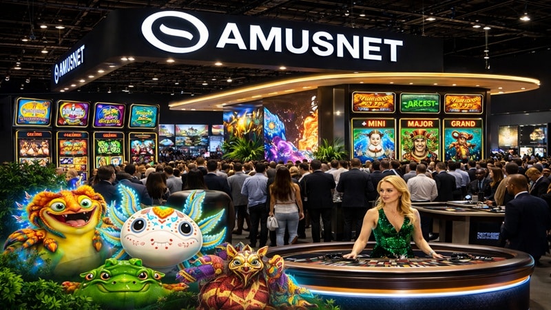 Amusnet ICE Barcelona 2026 stand featuring bonus buy slots, jackpot games, live casino roulette, and Oscar the Gobbler character mascots