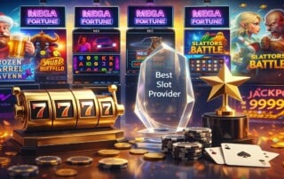 Belatra Games 2025 Best Slot Provider award trophy displayed with popular slot machines including Frozen Barrel Tavern, Slattors Battle, and Mega Fortune jackpot games in online casino gaming lobby
