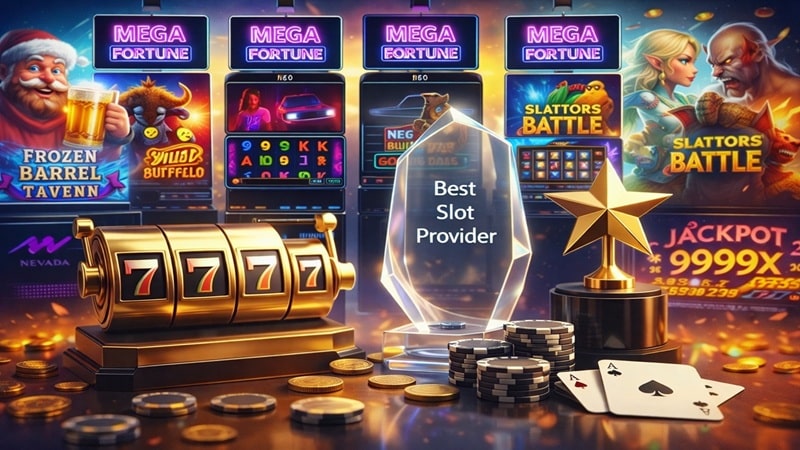 Belatra Games 2025 Best Slot Provider award trophy displayed with popular slot machines including Frozen Barrel Tavern, Slattors Battle, and Mega Fortune jackpot games in online casino gaming lobby