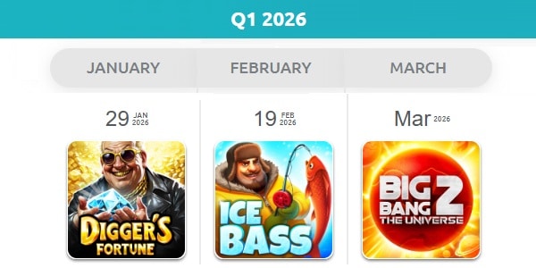 Belatra Games Q1 2026 roadmap showing three upcoming slot releases: Digger's Fortune January 29, Ice Bass February 19, and Big Bang 2 The Universe March 2026