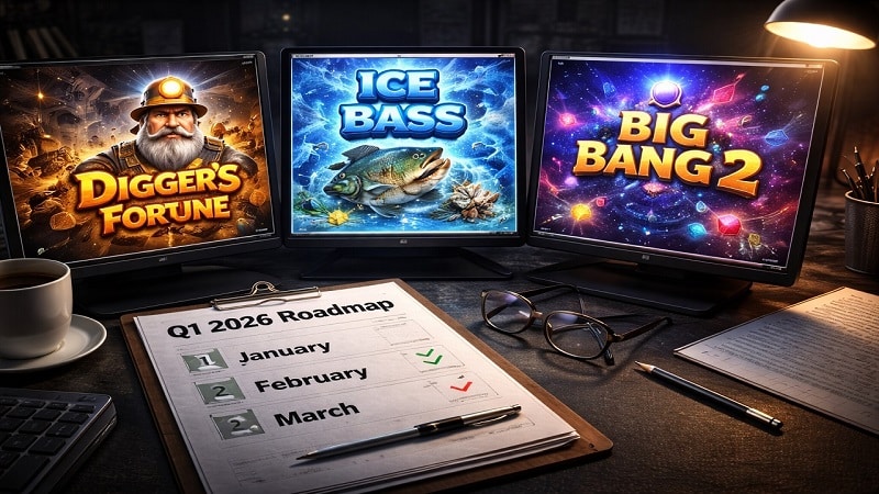 Belatra Q1 2026 roadmap showing upcoming slot releases including Digger&rsquo;s Fortune, Ice Bass and Big Bang 2