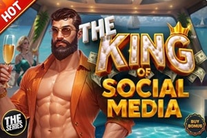 The King of Social Media – New Betsoft Slot from THE Series The King of Social Media slot game by Betsoft featuring muscular influencer character with golden logo and hot badge