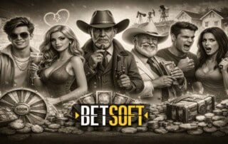 Betsoft THE Series promotional image featuring diverse characters and casino elements for new story-driven slot games collection