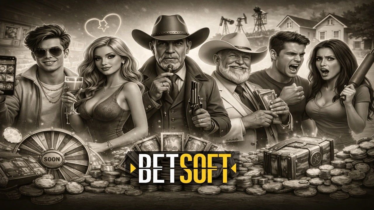 Betsoft THE Series promotional image featuring diverse characters and casino elements for new story-driven slot games collection