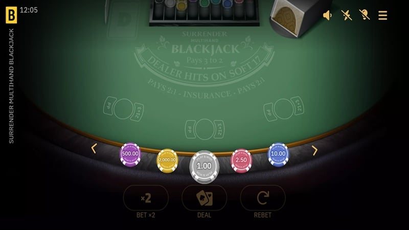 BGaming Surrender Multihand Blackjack game showing green felt table with betting chips and three hand positions