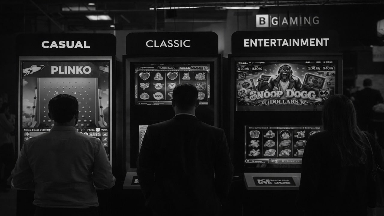 BGaming gaming machines displaying Casual, Classic, and Entertainment categories at ICE Barcelona 2026 trade show with Plinko, slot games, and Snoop Dogg Dollars visible