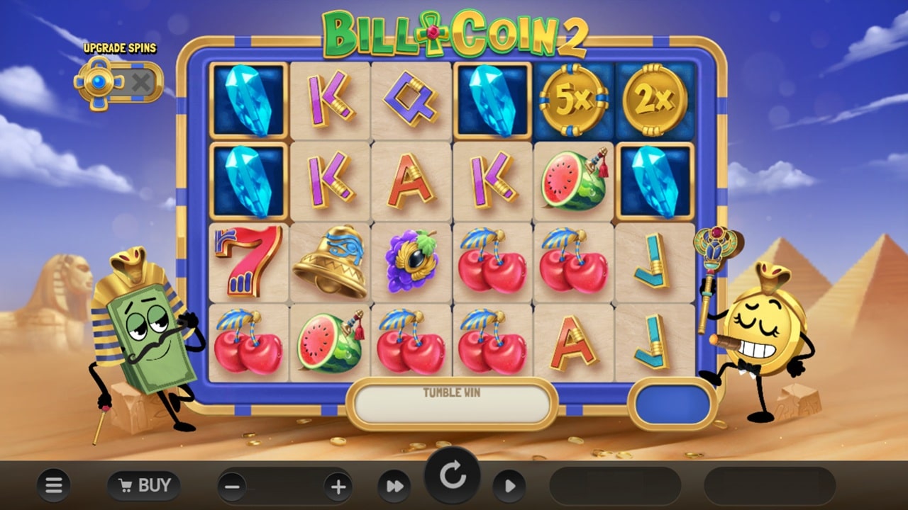 Bill & Coin 2 Dream Drop slot game screenshot showing Egyptian-themed 6x4 grid with multiplier coins, fruit symbols, and upgrade spins feature - Relax Gaming