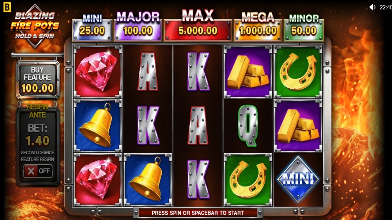 Blazing Fire Pots Hold & Spin slot game screenshot showing 5 reels with gem, gold bar and horseshoe symbols, progressive jackpots and Hold & Spin feature - BGaming