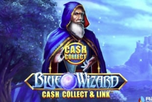 Blue Wizard Cash Collect and Link slot game splash screen featuring a bearded wizard in blue robes with game logo and fantasy landscape background