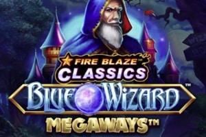 Blue Wizard Fire Blaze Classics Megaways slot game featuring wizard character with enchanted castle and moonlit sky