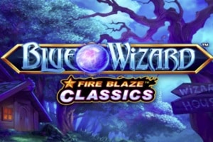 Blue Wizard Fire Blaze Classics slot game logo with mystical purple forest and village background