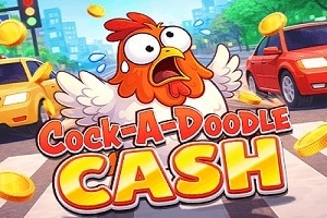 Cock-a-Doodle Cash instant win game by Platipus featuring a chicken crossing a busy road for multipliers