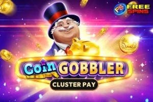 Coin Gobbler Cluster Pay slot game with cartoon character and golden coins