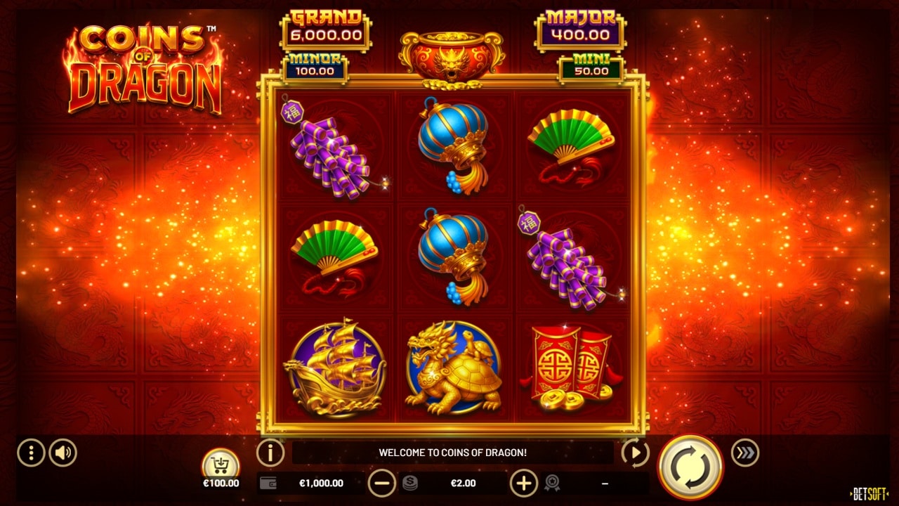 Coins of Dragon slot game screenshot showing Asian-themed reels with dragon symbols, jackpot prizes, and Hold & Win feature - Betsoft Gaming