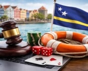 Curacao flag with gavel, casino chips, and life preserver symbolizing gambling regulation and player protection reforms