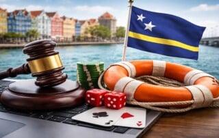 Curacao flag with gavel, casino chips, and life preserver symbolizing gambling regulation and player protection reforms