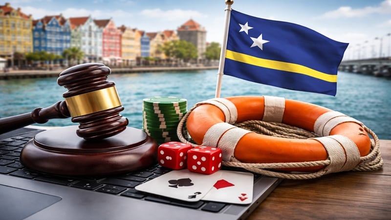 Curacao flag with gavel, casino chips, and life preserver symbolizing gambling regulation and player protection reforms